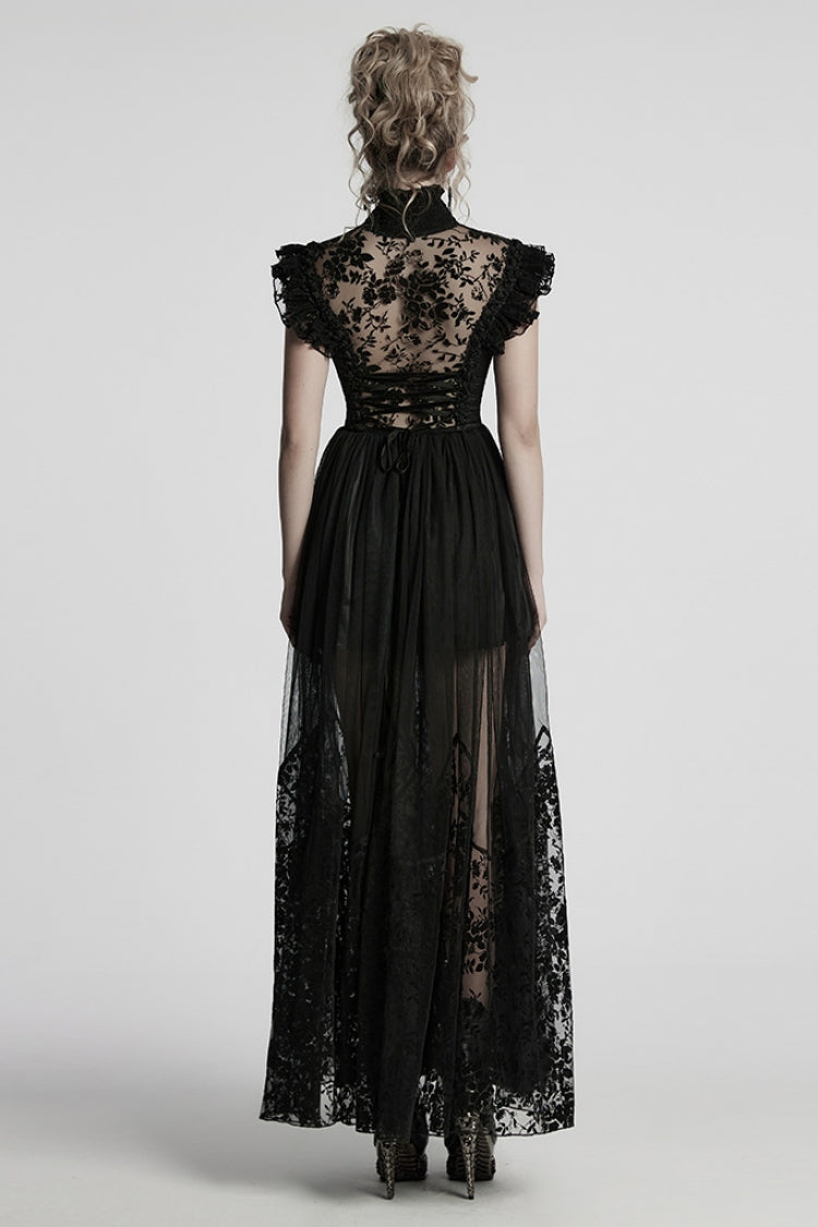 Black Stand Collar Cutout Embroidered Flocking Mesh Gothic Formal Gown