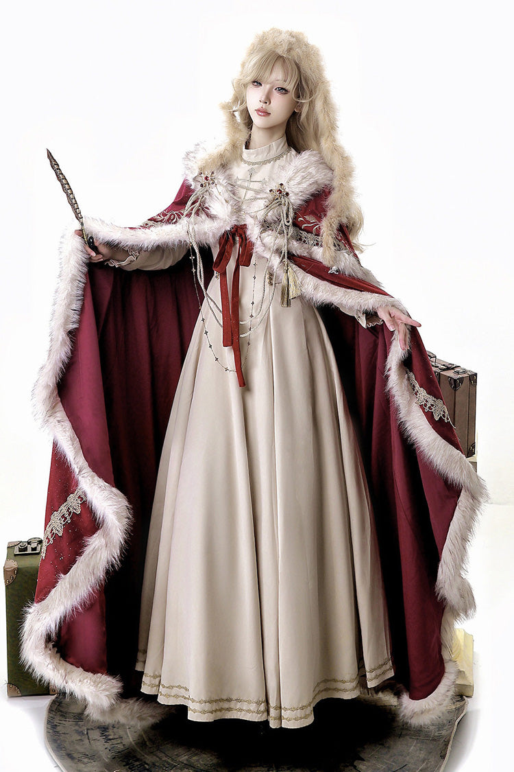 Crimson Royal Coronation Embroidered Luxurious European Court Lolita Dress with Cape Set