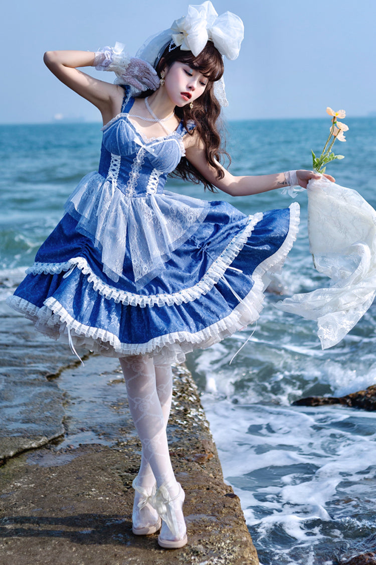Blue Drawstring Pull-Up Hem Elegant Sweet Dress