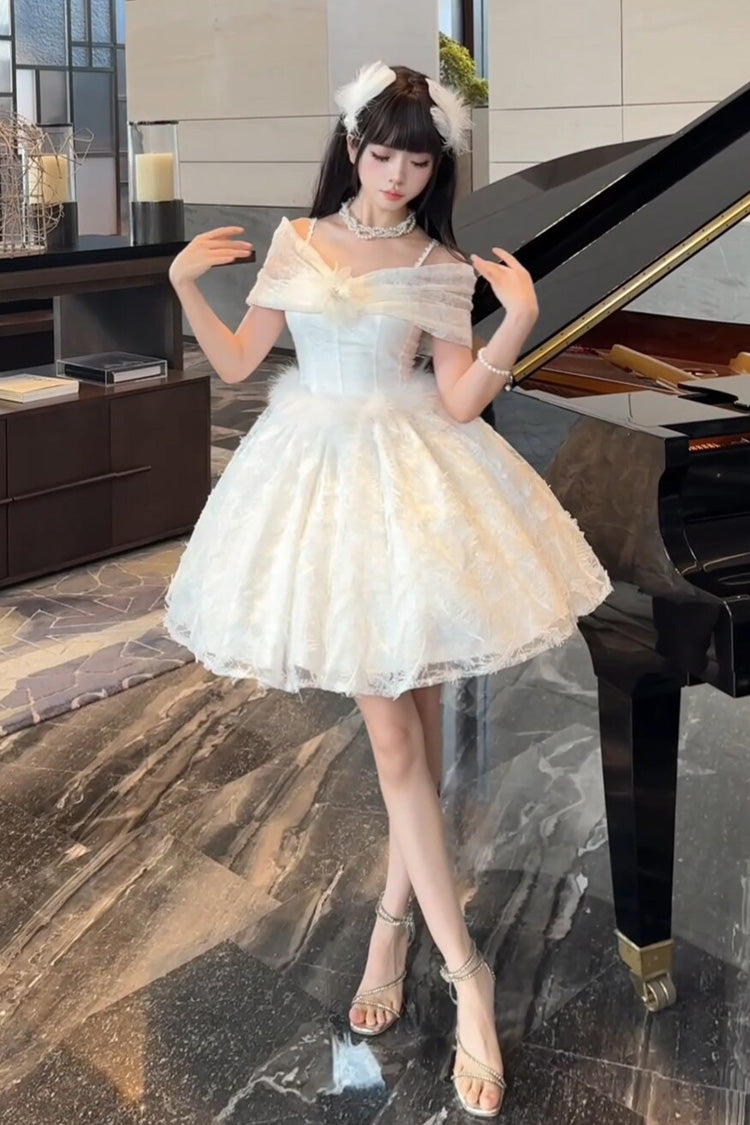 White Off Shoulder Jacquard Embroidered Bow Gothic Lolita Jsk Short Dress - Moonlight
