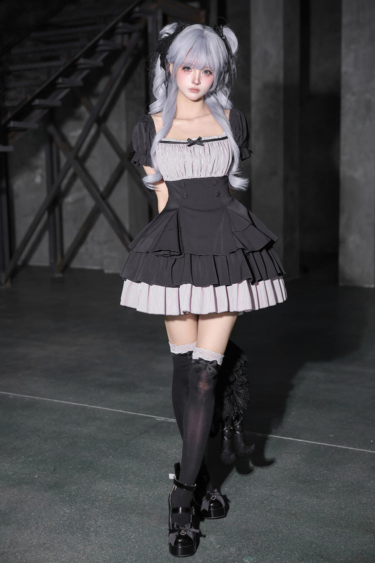 Halterneck Square Collar Ruffled Lolita Dress Set - Black/Grey