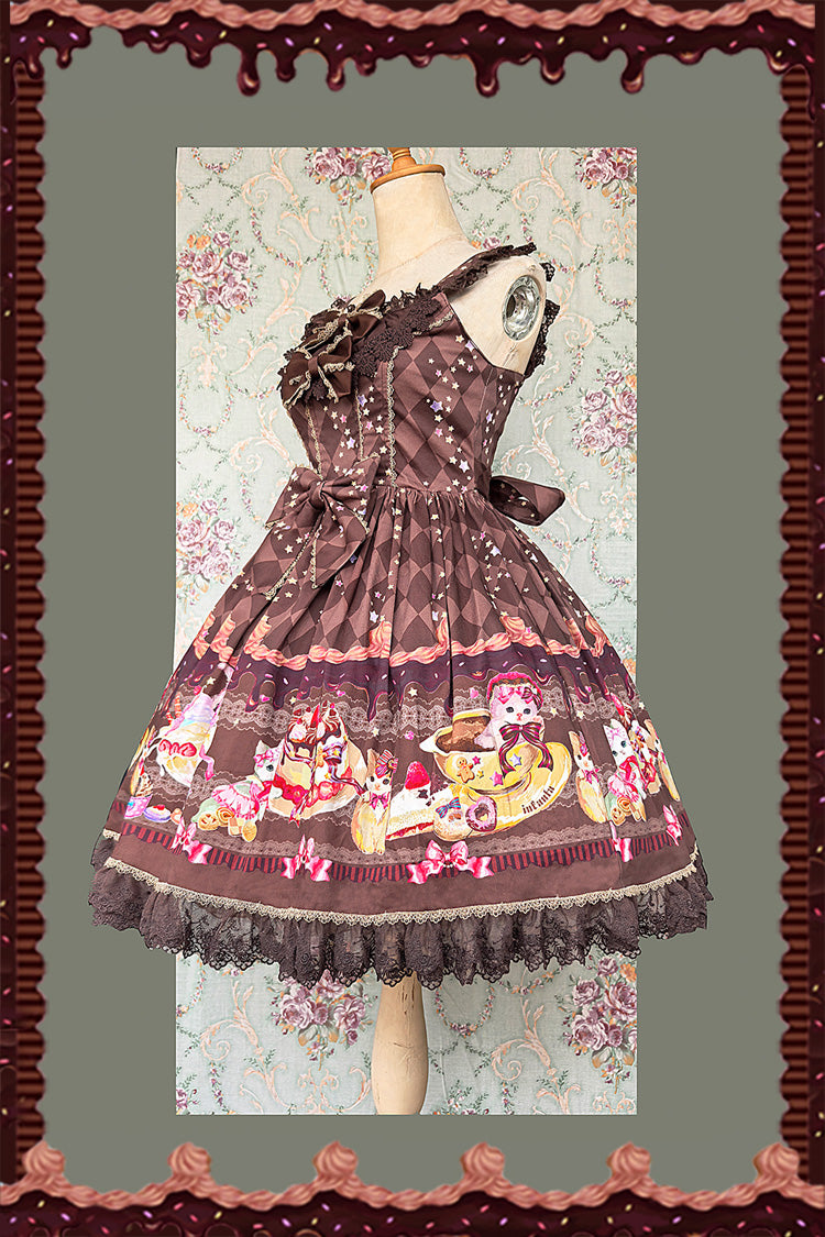 Sleeveless Lace Bow Print Sweet JSK Dress in 3 Colors - Cream Meow