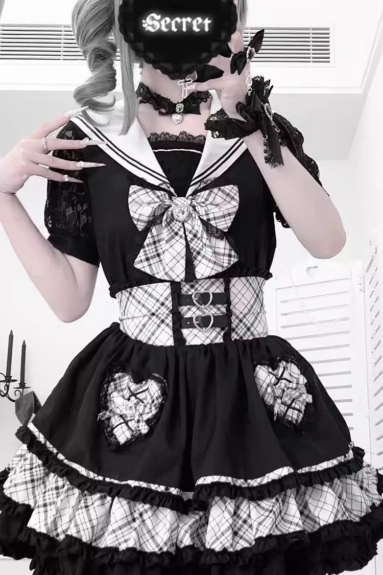 Monochrome Sailor Collar Bow Print Jirai Kei Skirt and Top Set