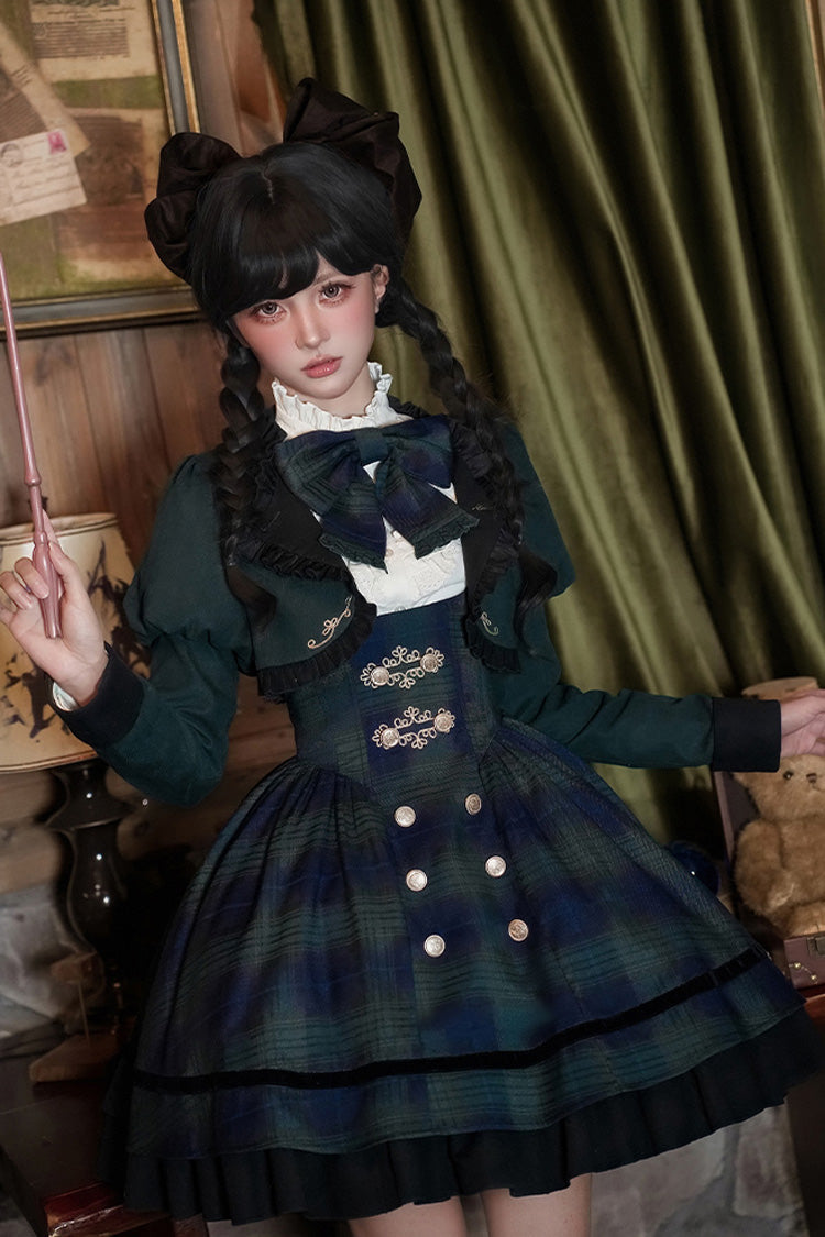 Berlin's Letter Double-Layered Plaid Ruffle Bowknot College Strap Dress