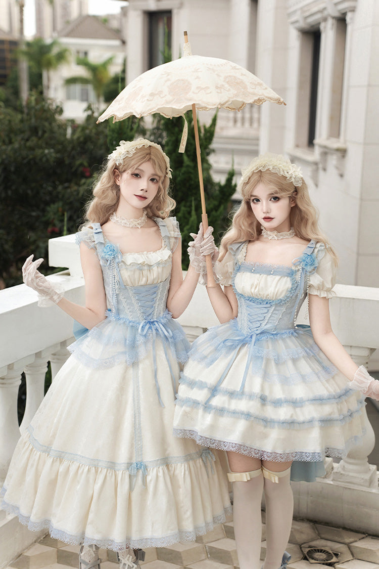 Ivory Square Collar Short Sleeve Ruffle Fishbone Sweet Short Dress - Sea Salt Iced Tea