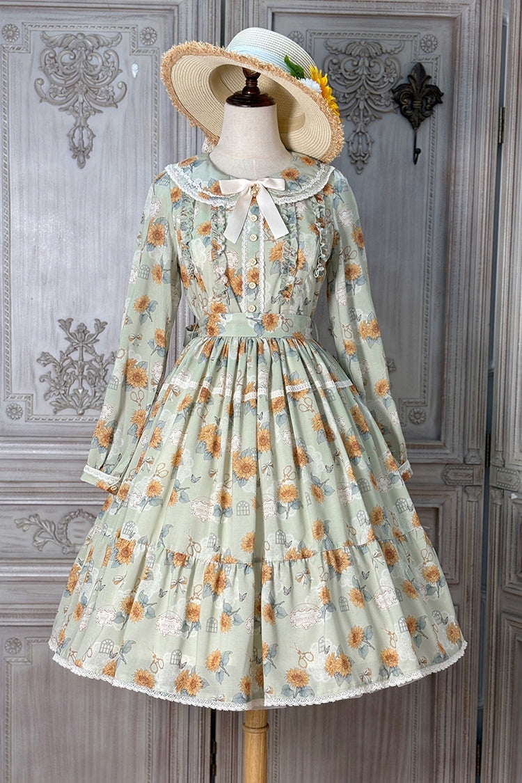Green Sunflower Long Sleeve Floral Bow Elegant Lolita Dress