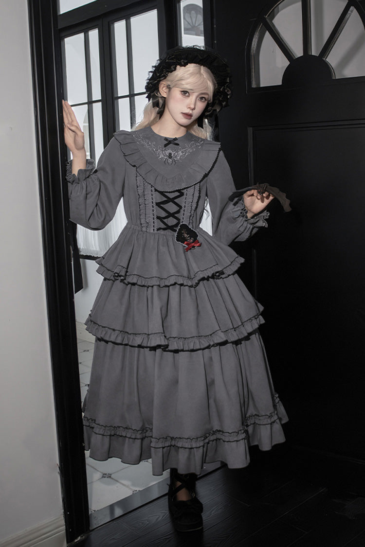 Gothic Ruffle Embroidered Long-Sleeve Dress in 2 Colors - Castle Night