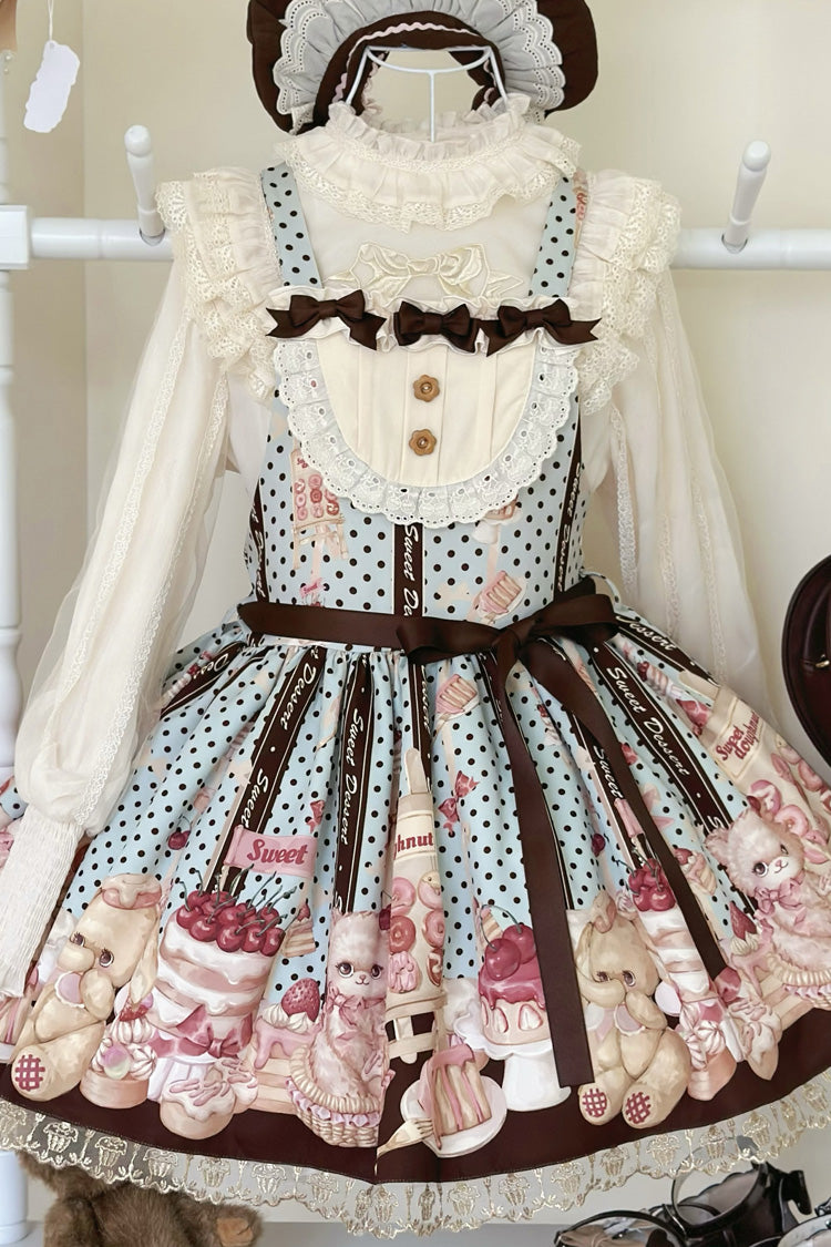 Multi-Color Cat Chocolate Patisserie Sleeveless Printed Ruffled Bow Lace Sweet Strap Dress