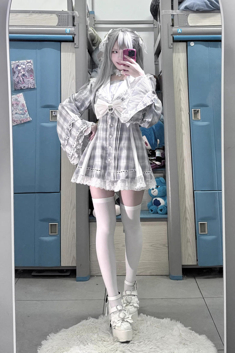 Square Collar Long Sleeves Bow Lace Pearl-Decorated Sweet Jirai Kei Dress and Short Set