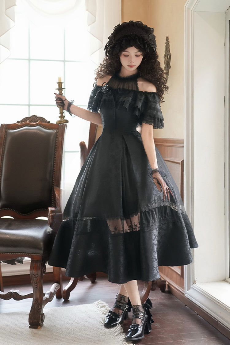Onyx Off Shoulder Halterneck Printed Ruffle Gothic Elegant Dress - Flowers in the Mist