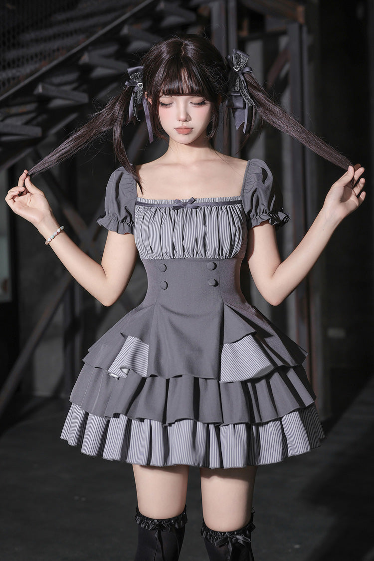 Halterneck Square Collar Ruffled Lolita Dress Set - Black/Grey