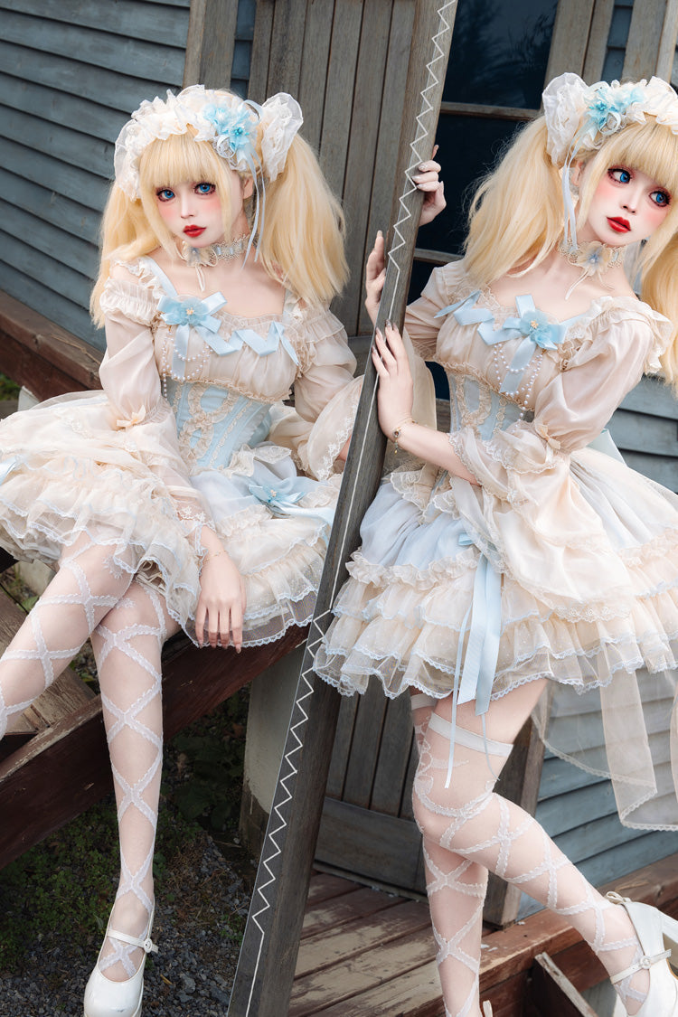 Flowing Light Gift Box Square Collar Sleeveless Layered Ruffle Bow Ballet Lolita JSK Dress