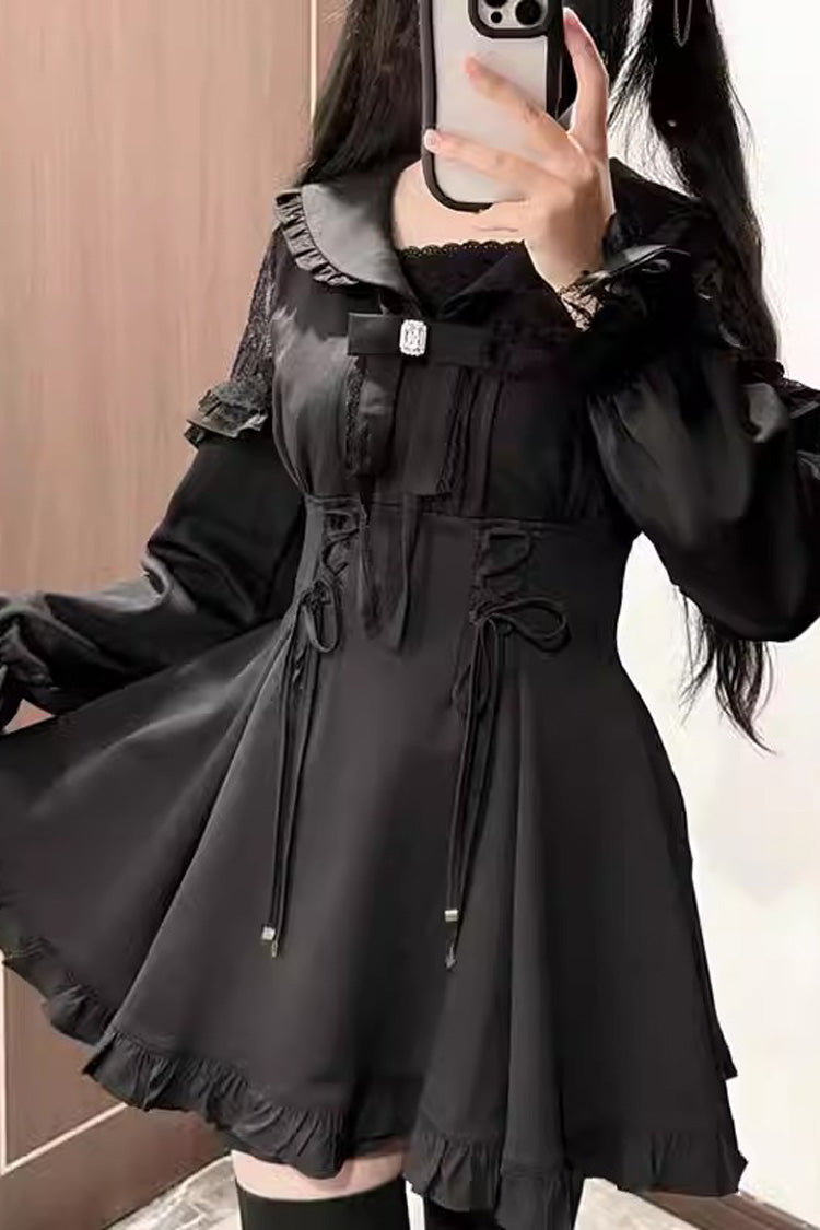Noir Long Sleeve Ruffle Stitched Lace-Up Jirai Kei Set - Truffle Forest