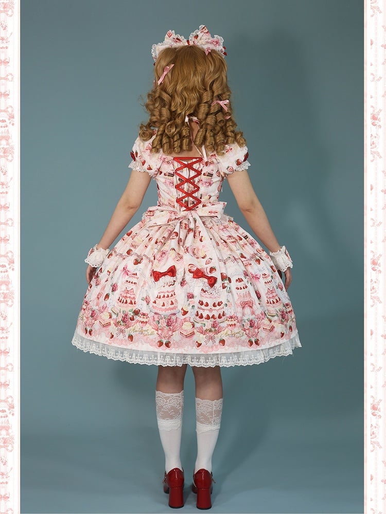 Sweet White Full Set Bow Cake Strawberry Accents Dress Print / Lolita