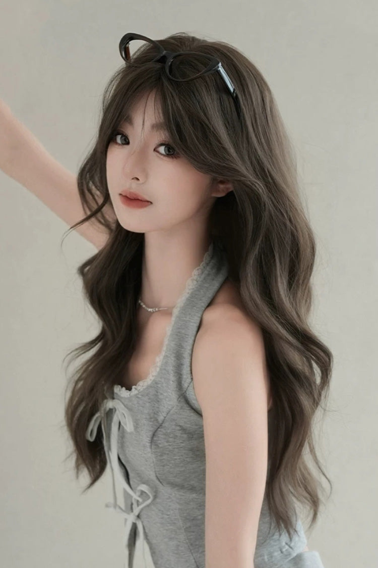 Fluffy Chestnut Brown Wavy Wig with Face-Framing Curtain Bangs