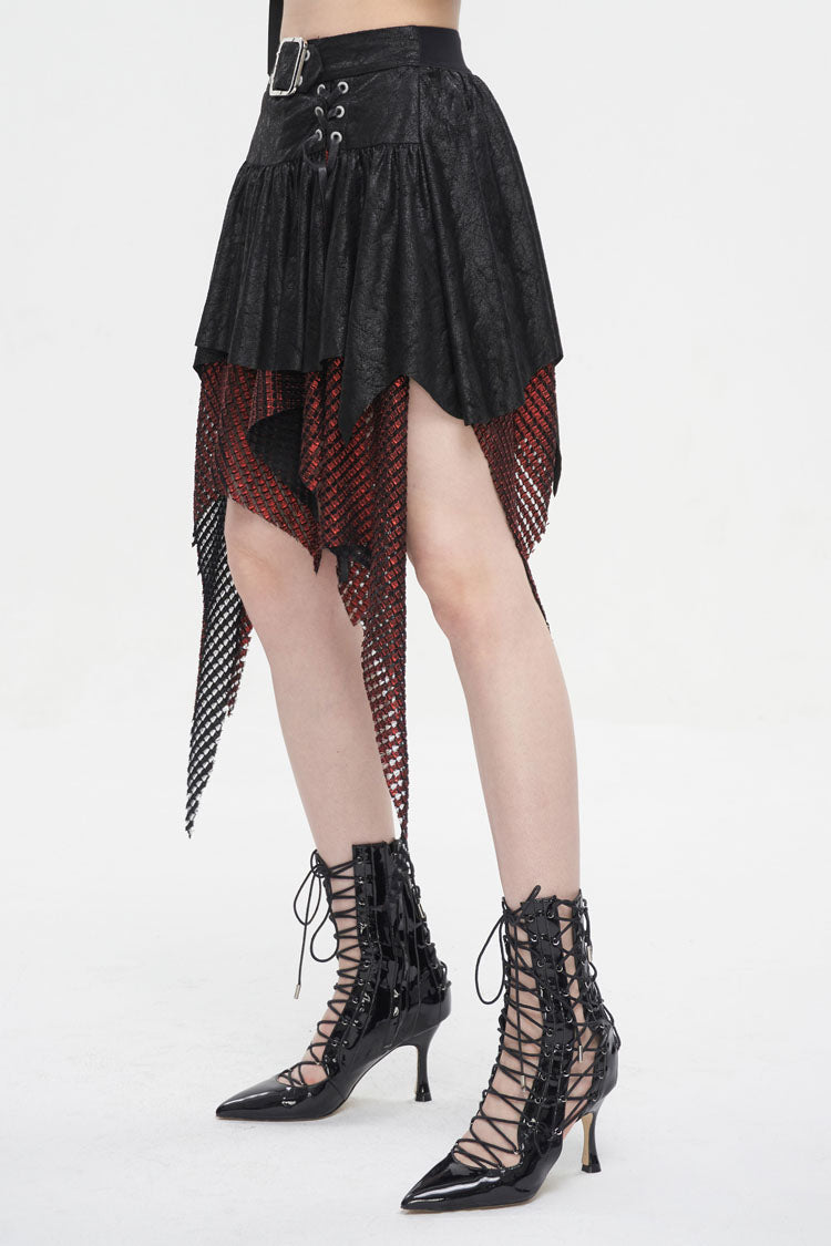 Crimson Noir Asymmetrical Mesh Patch Buckled Women's Gothic Skirt