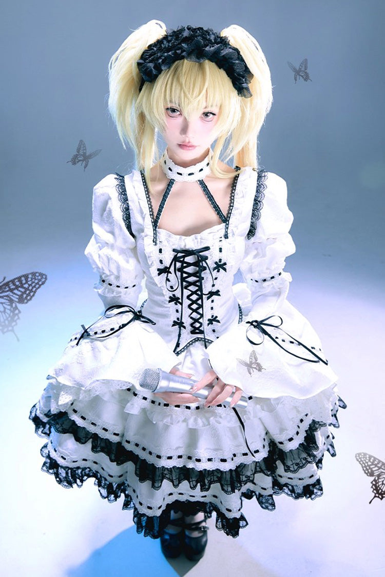 White Witch Long Sleeves Double-Layered Lace-Up Gothic Skirt Set