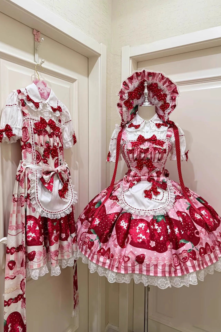 Dream to Strawberry Printed Ruffle Bow Lace Sweet Lolita JSK Dress in Four Shades
