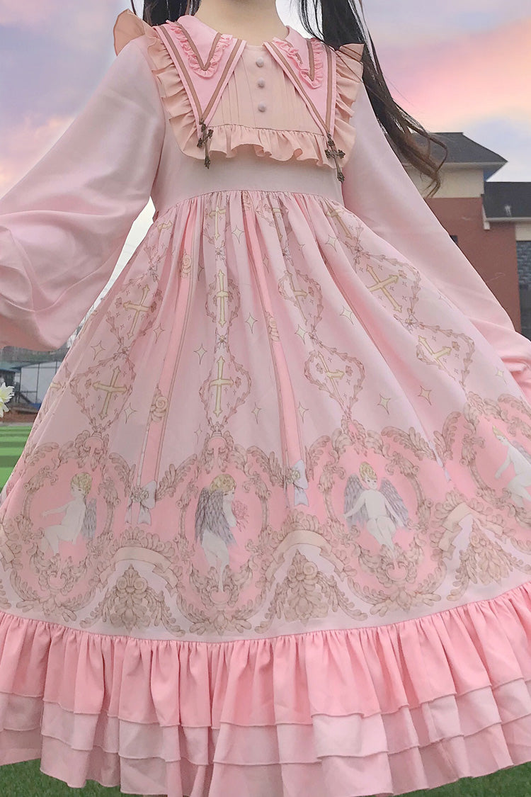 Angel Print Long Sleeve Sweet Lolita Dress with Bow and Ruffles