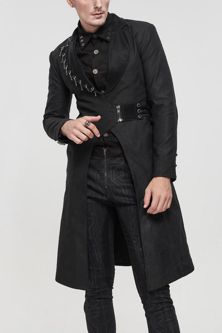 Twill Faux-Leather Pin-Decorated Drawstring Punk Overcoat