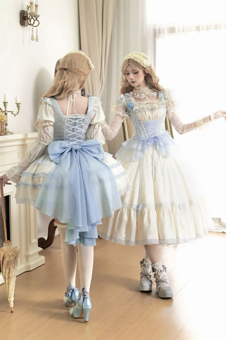 Ivory Square Collar Flutter Sleeve Ruffle Fishbone Sweet Long Jumper - Sea Salt Iced Tea
