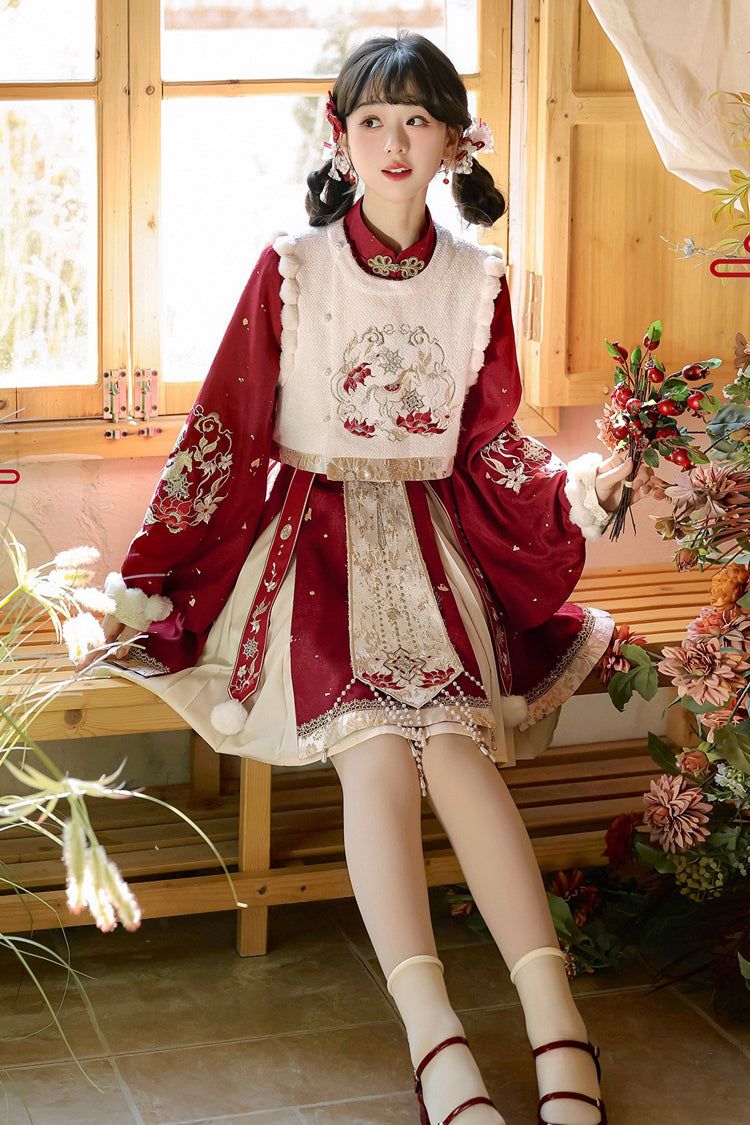 Scarlet The Horse of the New Spring Stand Collar Lantern Sleeve High-Waist Brocade Embroidered Women's Sweet Hanfu Dress Set