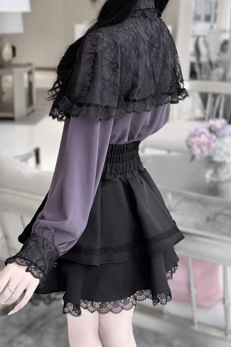 Dark Moon Shadow Double-Layered Ruffled Embroidered Bow Corset Gothic Jirai Kei Top and Skirt Set