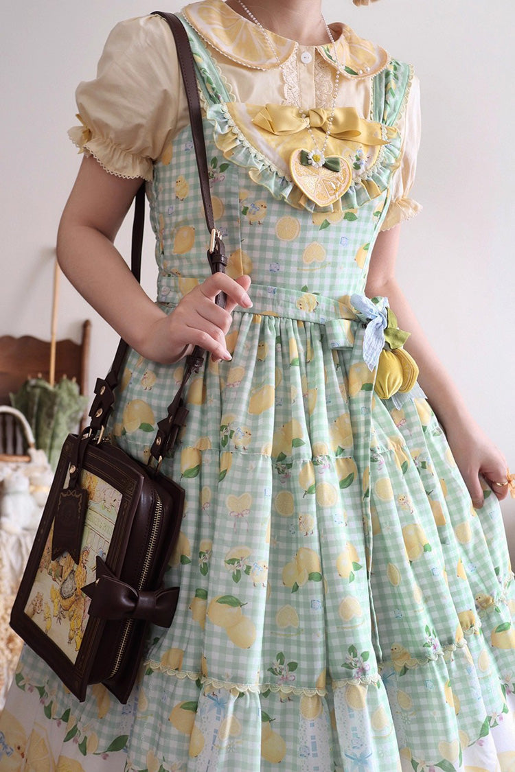 Verdant Printed Ruffle Bow Lace Sweet Long Jumper - Lemon Chicken