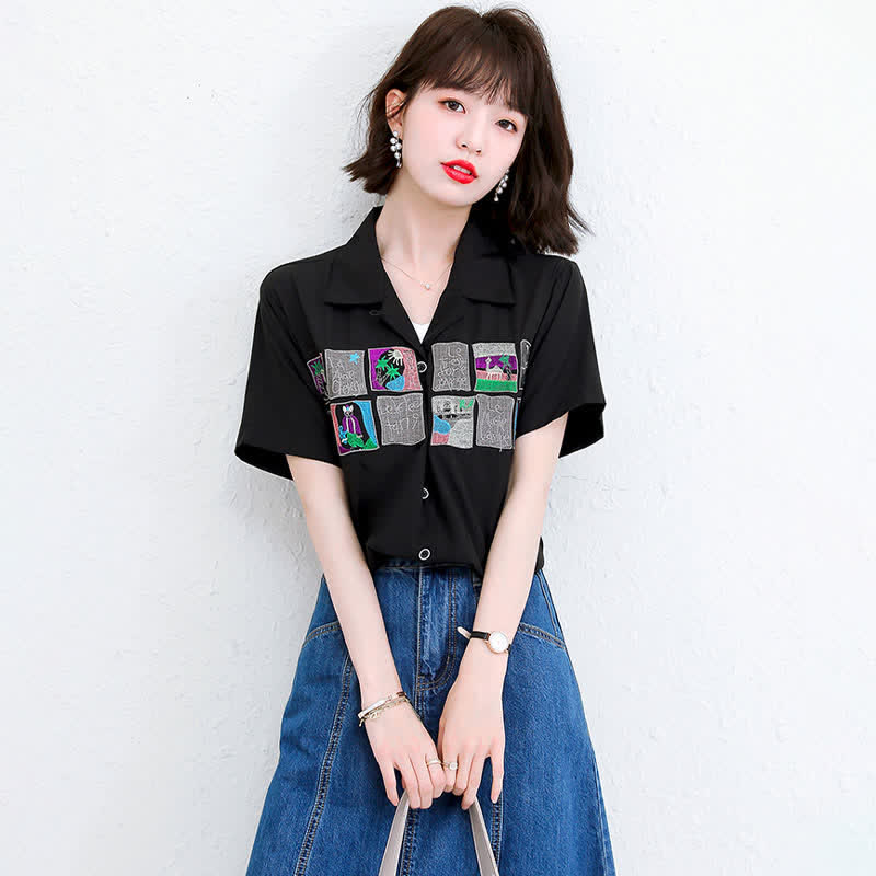 Embroidery Loose Laple T-Shirt Denim Skirt