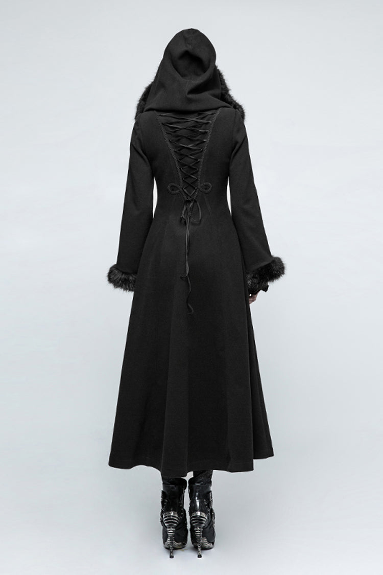 Gothic Hooded Single-Breasted Maxi Long Coat with Print for Women