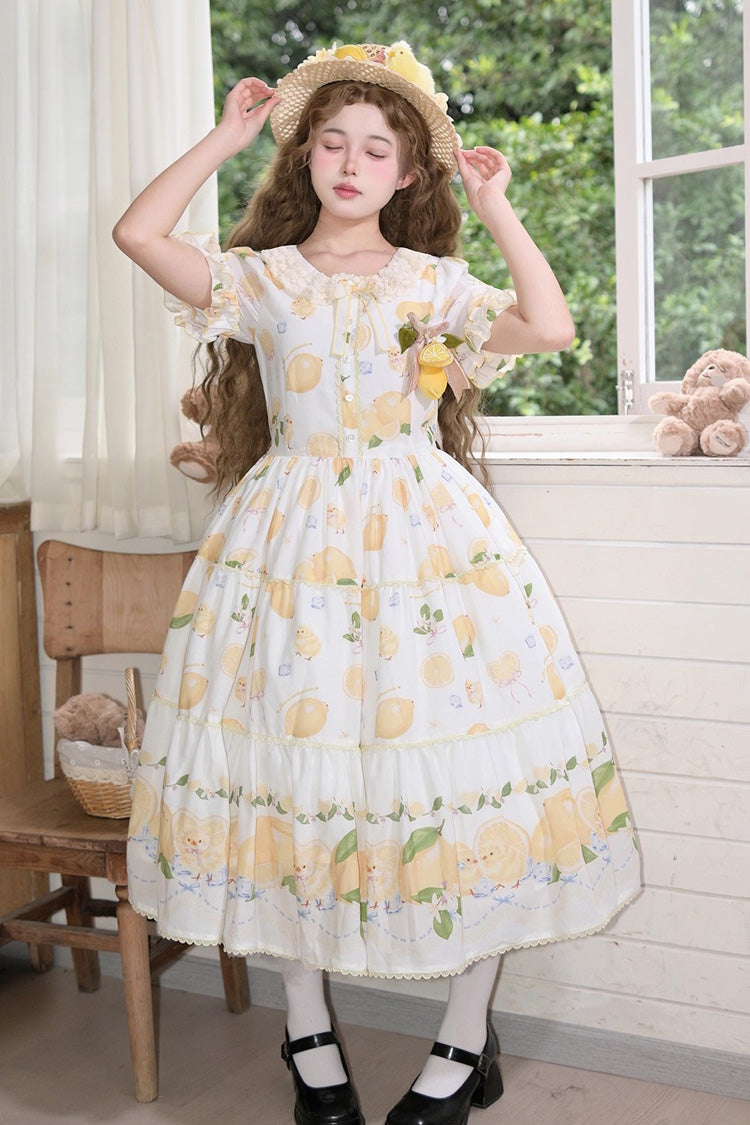 Print Ruffled Bow Lace Daily Sweet Lolita Dress - White Lemon Chicken