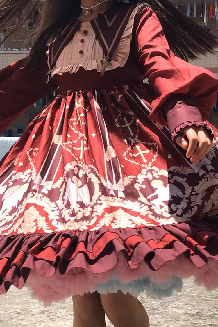 Angel Print Long Sleeve Sweet Lolita Dress with Bow and Ruffles