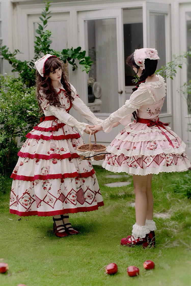 Crimson Beige Triple-Layered Apple Orchard Printed Ruffled Embroidered Sweet Lolita Maxi Skirt