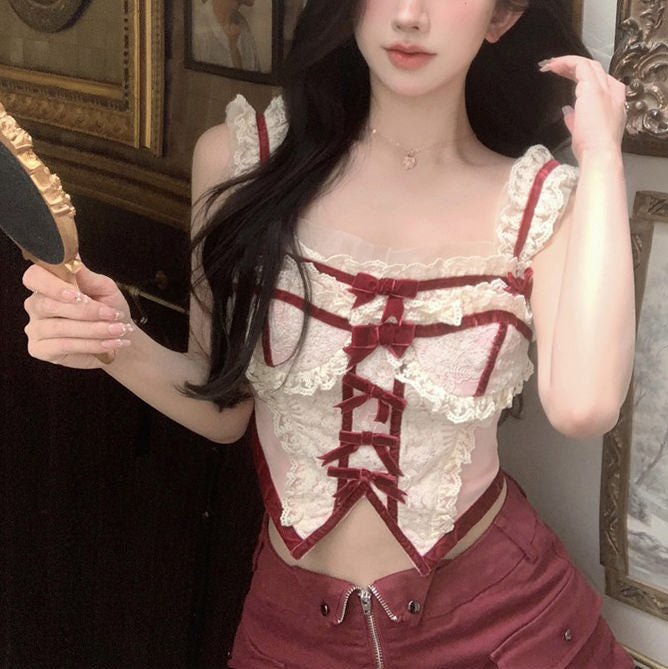 White and Red Lace Corset Top