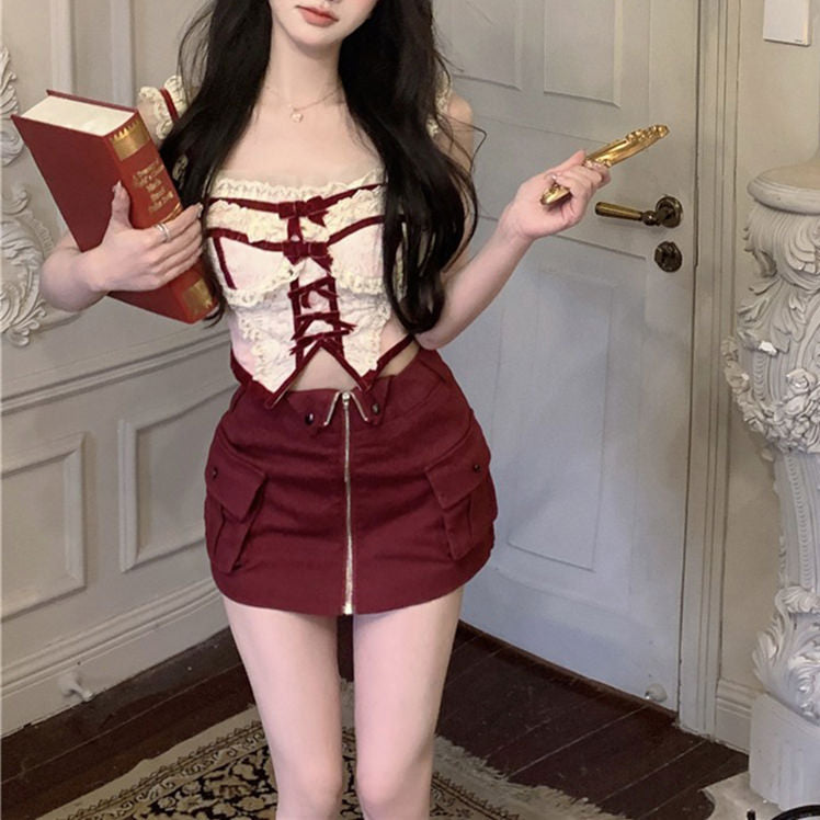 White and Red Lace Corset Top