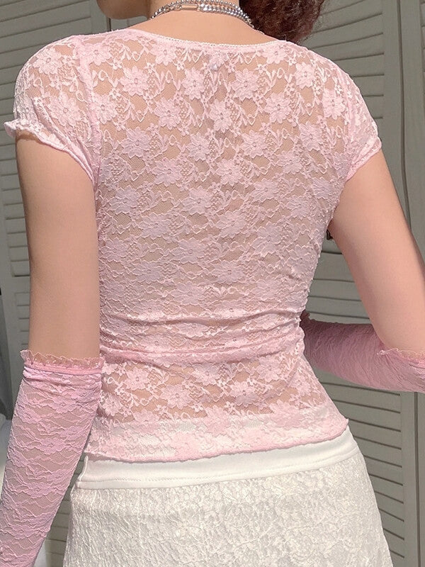 Floral Hollow Lace Bow Top