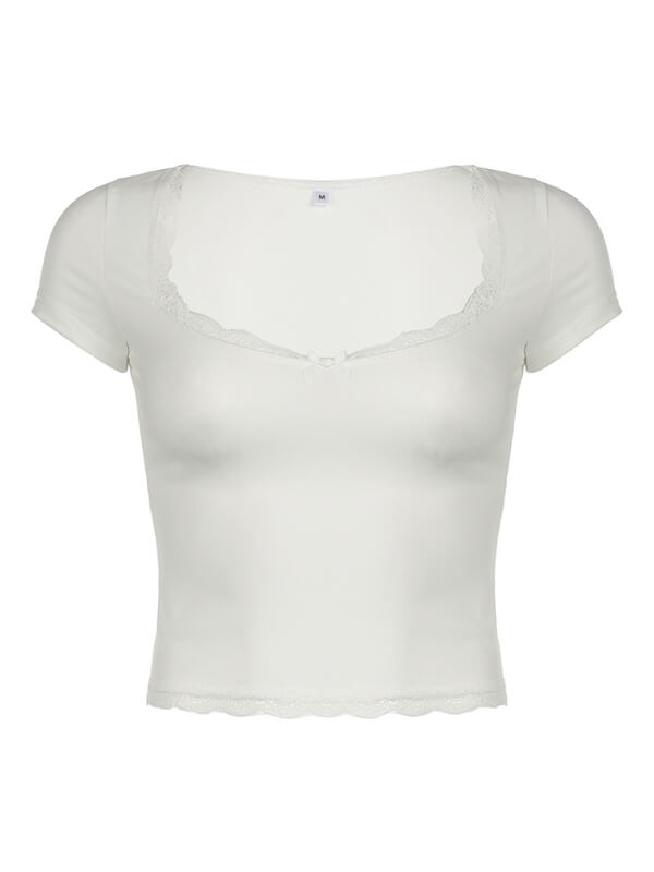 Square-cut Collar Lace Trim Top
