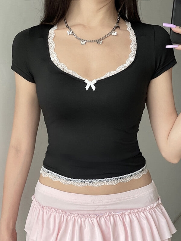 Square-cut Collar Lace Trim Top