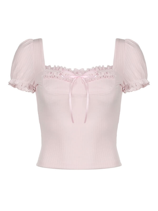 Princess Pink Bow Puff Sleeves Top