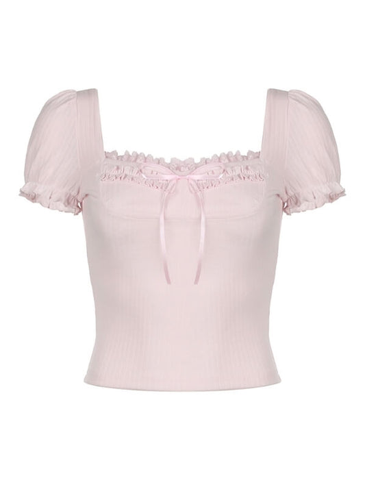 Princess Pink Bow Puff Sleeves Top