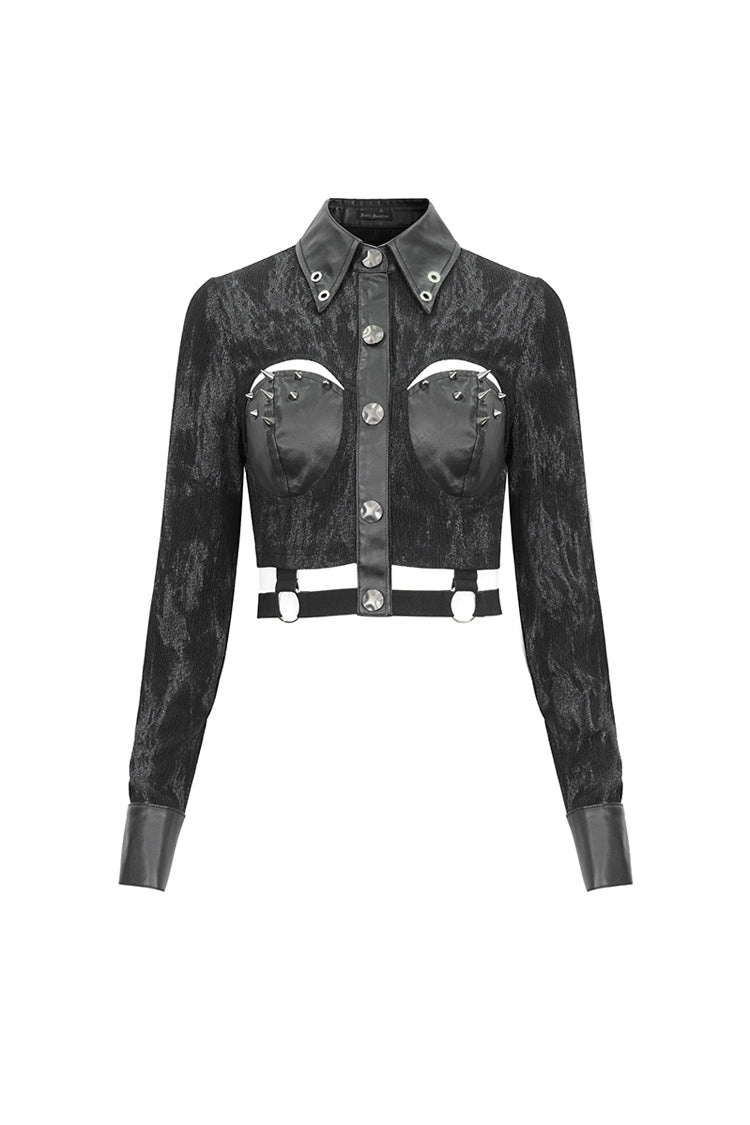Studded Punk Shirt with Cutout and Turn Down Collar