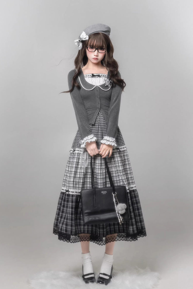 Sweet Lolita Skirt Set with Square Collar, Cut-Out Lace, Star Print, Grey