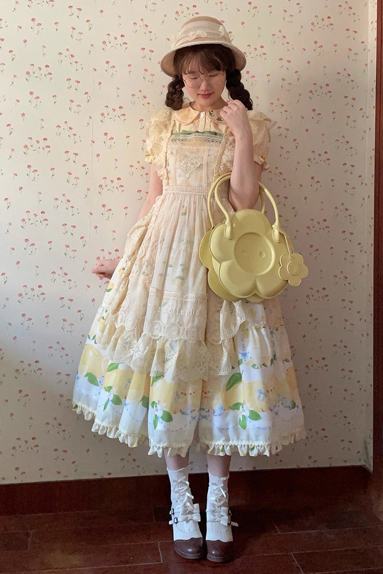 Sunshine Printed Ruffle Bow Lace Sweet Long Jumper - Lemon Chicken
