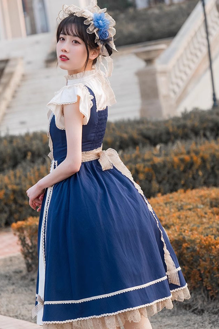 Blue White Color Contrast Sleeveless Classic Dress