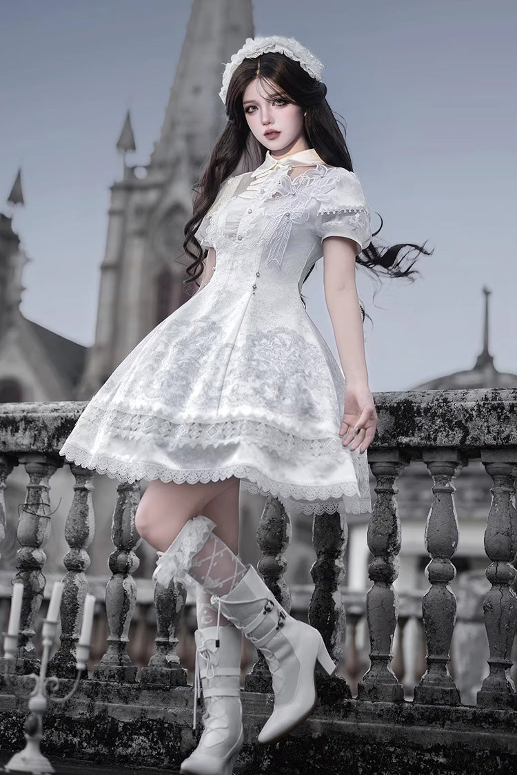 Ivory Classic Gothic Lolita Dress with Ruffled Lace and Short Sleeves