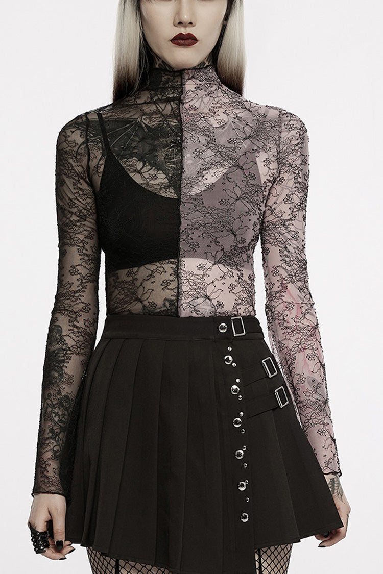 Sheer Gothic Lace T-Shirt with Long Sleeves & Horn Motifs