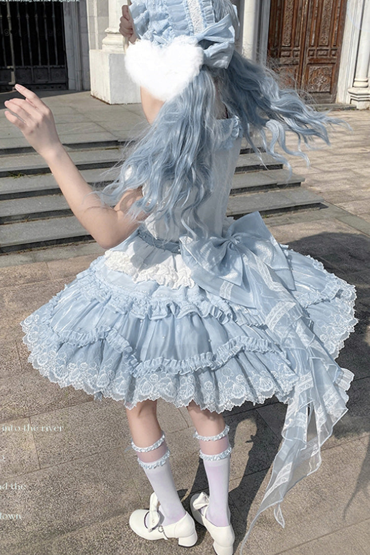 Whale Lapel Collar Short Sleeve Triple Ruffle Embroidered Sweet Lolita Dress