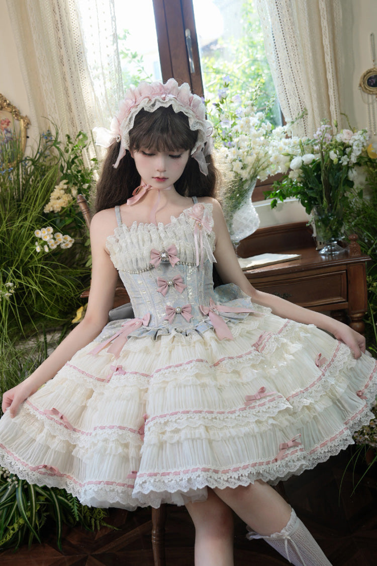 Sea Salt Souffle Sleeveless Multi-Tier Bow Lace Ballet Lolita Jumper Dress