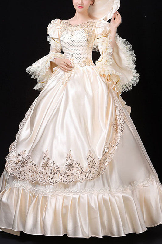 White Hime Sleeve Victorian Gown with Floral Decor - Court Style