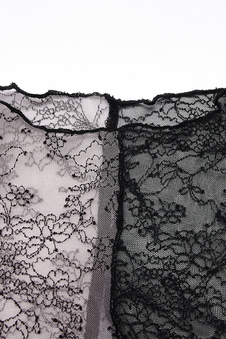 Sheer Gothic Lace T-Shirt with Long Sleeves & Horn Motifs
